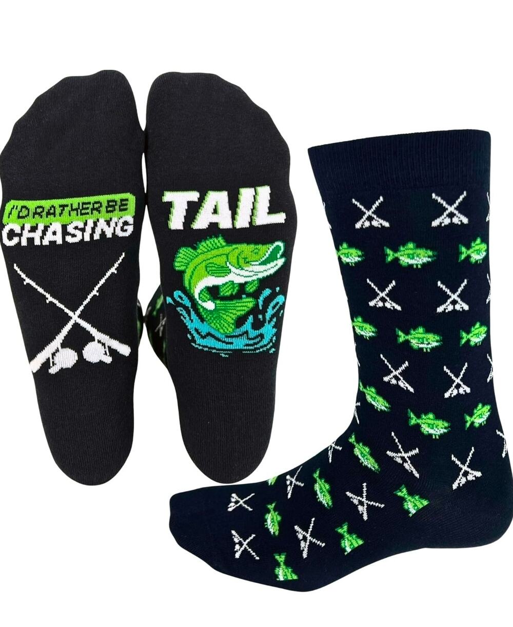 Funny Fishing "I’d Rather Be Chasing Tail" Novelty Crew Socks for Men Lot of 2